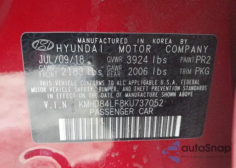 2019 Hyundai Elantra Sel из США, поврежденный, VIN KMHD84LF8KU737052